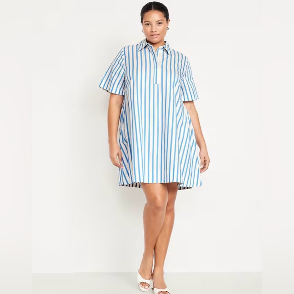 Blue and White Striped Mini Swing Shirt Dress